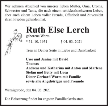 Traueranzeige von Ruth Else Lerch (geb. Worm)  von Magdeburger Volksstimme