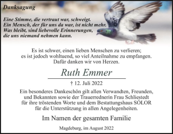 Traueranzeige von Ruth Emmer  von Magdeburger Volksstimme