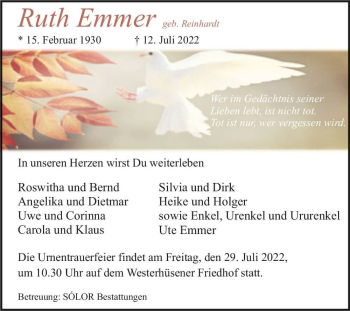Traueranzeige von Ruth Emmer (geb. Reinhardt)  von Magdeburger Volksstimme