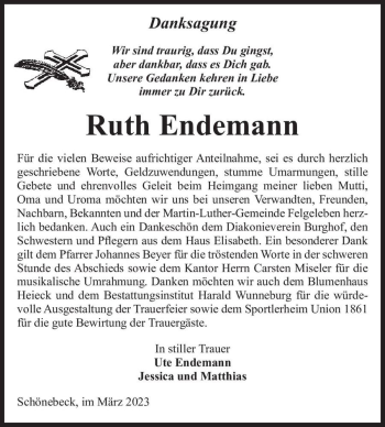 Traueranzeige von Ruth Endemann  von Magdeburger Volksstimme