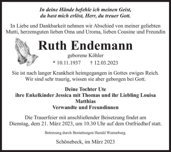 Traueranzeige von Ruth Endemann (geb. Köhler)  von Magdeburger Volksstimme