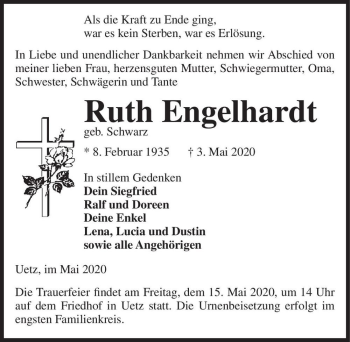 Traueranzeige von Ruth Engelhardt (geb. Schwarz)  von Magdeburger Volksstimme