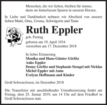 Traueranzeige von Ruth Eppler (geb. Freitag)  von Magdeburger Volksstimme
