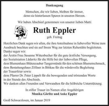 Traueranzeige von Ruth Eppler (geb. Freitag)  von Magdeburger Volksstimme