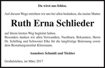 Traueranzeige von Ruth Erna Schlieder  von Magdeburger Volksstimme