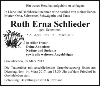 Traueranzeige von Ruth Erna Schlieder (geb. Schemmel)  von Magdeburger Volksstimme