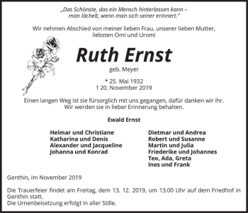 Traueranzeige von Ruth Ernst (geb. Meyer)  von Magdeburger Volksstimme