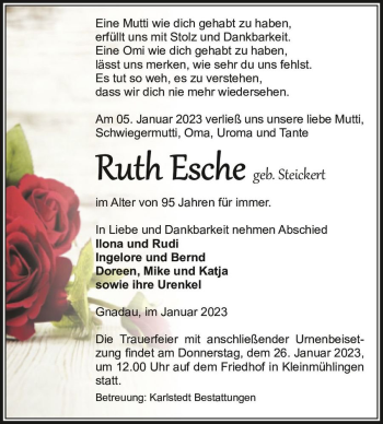 Traueranzeige von Ruth Esche (geb. Steickert)  von Magdeburger Volksstimme