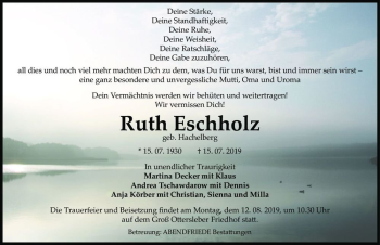 Traueranzeige von Ruth Eschholz (geb. Hachelberg)  von Magdeburger Volksstimme
