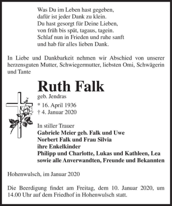 Traueranzeige von Ruth Falk (geb. Jendras)  von Magdeburger Volksstimme
