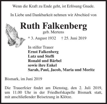 Traueranzeige von Ruth Falkenberg (geb. Mertens)  von Magdeburger Volksstimme