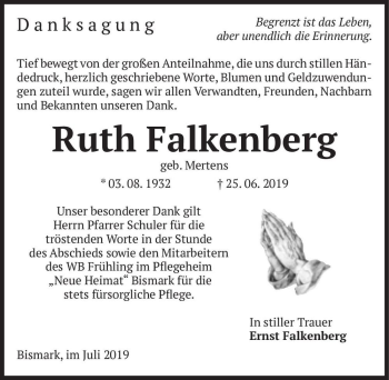 Traueranzeige von Ruth Falkenberg (geb. Mertens)  von Magdeburger Volksstimme