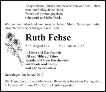 Traueranzeige von Ruth Fehse  von Magdeburger Volksstimme