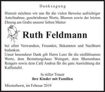 Traueranzeige von Ruth Feldmann  von Magdeburger Volksstimme