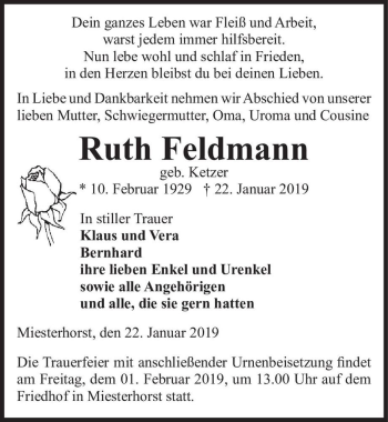 Traueranzeige von Ruth Feldmann (geb. Ketzer)  von Magdeburger Volksstimme