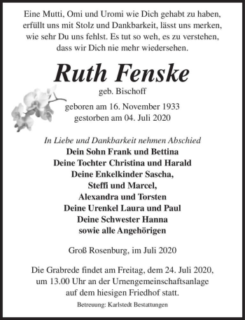 Traueranzeige von Ruth Fenkse (geb. Bischoff)  von Magdeburger Volksstimme