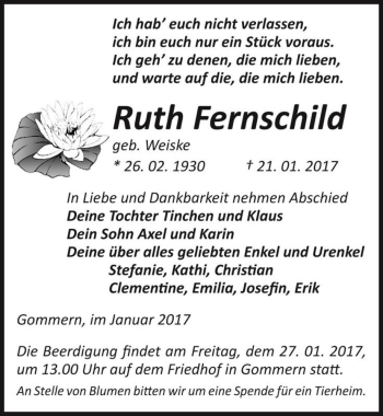 Traueranzeige von Ruth Fernschild (geb. Weiske)  von Magdeburger Volksstimme
