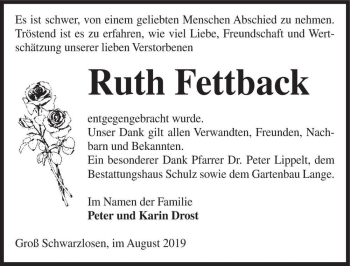 Traueranzeige von Ruth Fettback  von Magdeburger Volksstimme