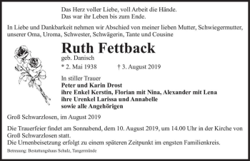 Traueranzeige von Ruth Fettback (geb. Danisch)  von Magdeburger Volksstimme