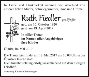 Traueranzeige von Ruth Fiedler (geb. Pfeiffer)  von Magdeburger Volksstimme