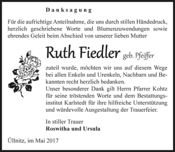 Traueranzeige von Ruth Fiedler (geb. Pfeiffer)  von Magdeburger Volksstimme