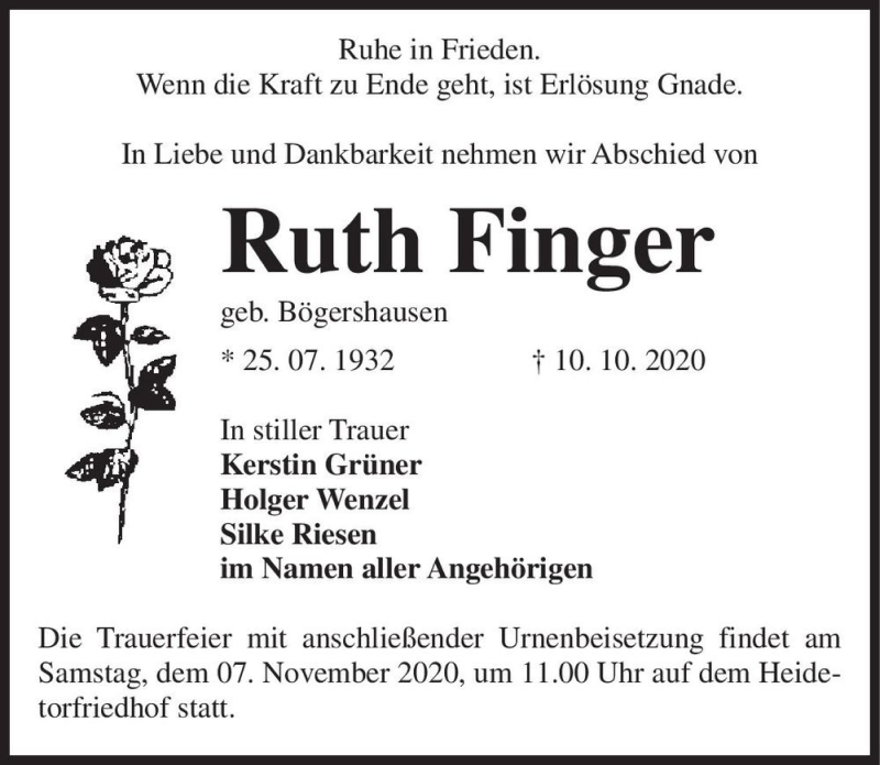 Traueranzeige für Ruth Finger (geb. Bögershausen)  vom 17.10.2020 aus Magdeburger Volksstimme