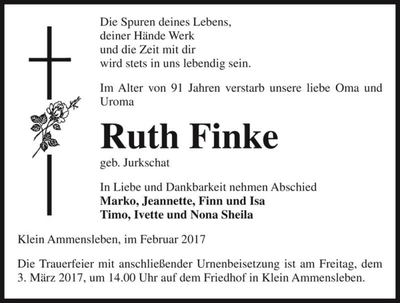  Traueranzeige für Ruth Finke (geb. Jurkschat)  vom 18.02.2017 aus Magdeburger Volksstimme