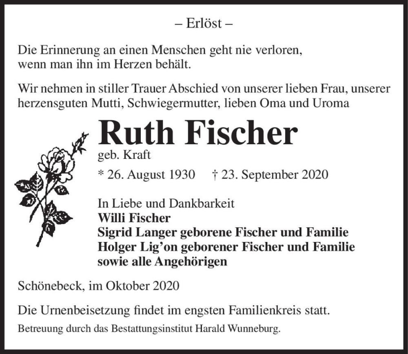  Traueranzeige für Ruth Fischer (geb. Kraft)  vom 10.10.2020 aus Magdeburger Volksstimme
