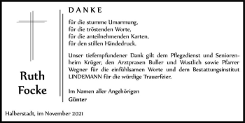 Traueranzeige von Ruth Focke  von Magdeburger Volksstimme
