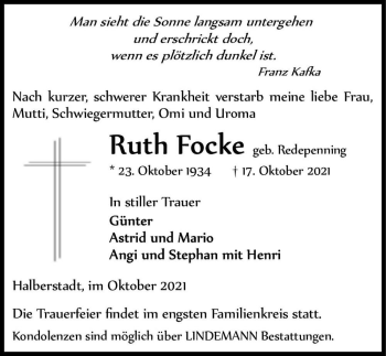 Traueranzeige von Ruth Focke (geb. Redepenning)  von Magdeburger Volksstimme