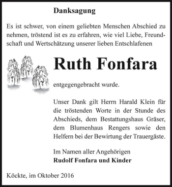 Traueranzeige von Ruth Fonfara  von Magdeburger Volksstimme