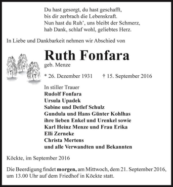 Traueranzeige von Ruth Fonfara (geb. Menze)  von Magdeburger Volksstimme