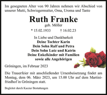 Traueranzeige von Ruth Franke (geb. Möller)  von Magdeburger Volksstimme