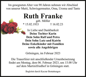 Traueranzeige von Ruth Franke (geb. Möller)  von Magdeburger Volksstimme