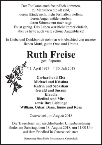 Traueranzeige von Ruth Freise (geb. Paprotta)  von Magdeburger Volksstimme