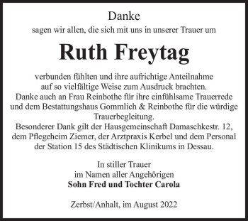 Traueranzeige von Ruth Freytag  von Magdeburger Volksstimme