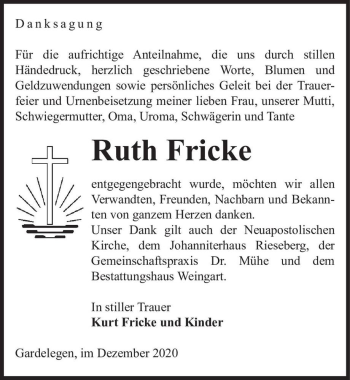 Traueranzeige von Ruth Fricke  von Magdeburger Volksstimme