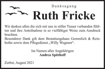 Traueranzeige von Ruth Fricke  von Magdeburger Volksstimme