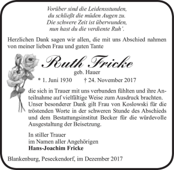 Traueranzeige von Ruth Fricke (geb. Hauer)  von Magdeburger Volksstimme