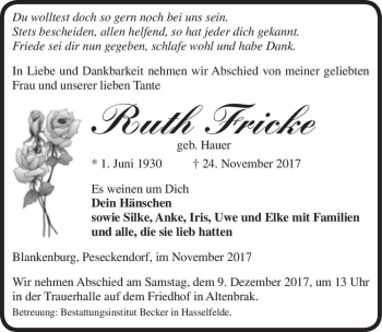 Traueranzeige von Ruth Fricke (geb. Hauer)  von Magdeburger Volksstimme