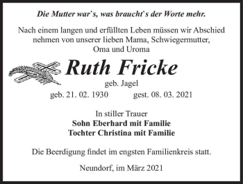 Traueranzeige von Ruth Fricke (geb. Jagel)  von Magdeburger Volksstimme