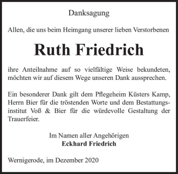 Traueranzeige von Ruth Friedrich  von Magdeburger Volksstimme