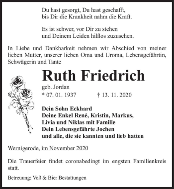 Traueranzeige von Ruth Friedrich (geb. Jordan)  von Magdeburger Volksstimme