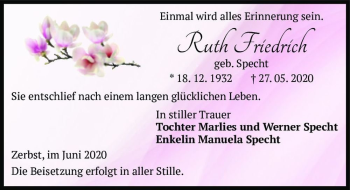 Traueranzeige von Ruth Friedrich (geb. Specht)  von Magdeburger Volksstimme