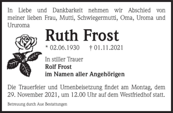 Traueranzeige von Ruth Frost  von Magdeburger Volksstimme