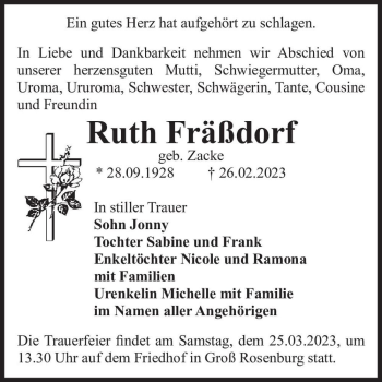 Traueranzeige von Ruth Fräßdorf (geb. Zacke)  von Magdeburger Volksstimme