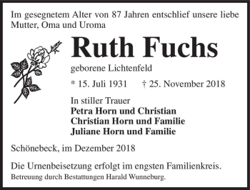 Traueranzeige von Ruth Fuchs (geb. Lichtenfeld)  von Magdeburger Volksstimme
