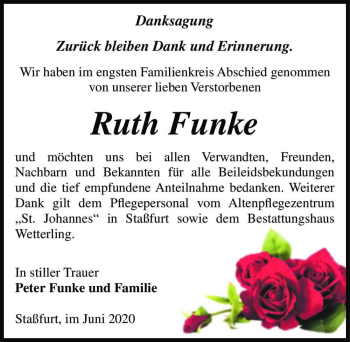 Traueranzeige von Ruth Funke  von Magdeburger Volksstimme
