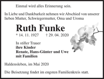 Traueranzeige von Ruth Funke  von Magdeburger Volksstimme