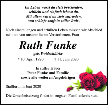 Traueranzeige von Ruth Funke (geb. Woidschützke)  von Magdeburger Volksstimme